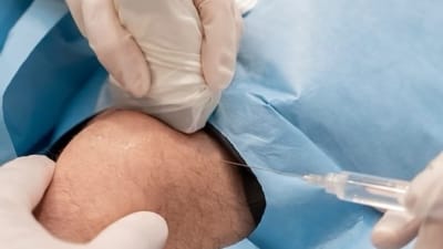Echografist geeft echogeleide hyaluronzuur injectie in het kniegewricht bij artrose behandeling