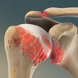 Anatomische 3D-illustratie van ernstige artrose van de schouder: het kraakbeen van de schouderkop is grotendeels weggesleten en toont uitgebreide ontstekingsreacties zichtbaar als rode verkleuringen op het botoppervlak