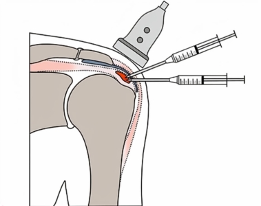 Schematische illustratie van een barbotage bij tendinitis calcarea: twee naalden worden onder echogeleiding in de kalkafzetting in de schouderpees gebracht om de kalk weg te spoelen en op te zuigen