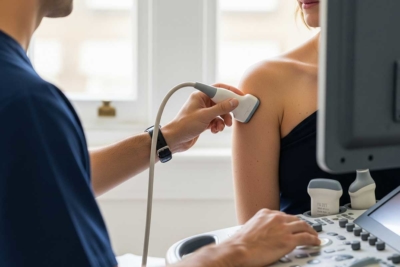 Echografist onderzoekt de bicepspees aan de voorzijde van de schouder met een echoapparaat — standaard diagnostiek bij Orthozorg